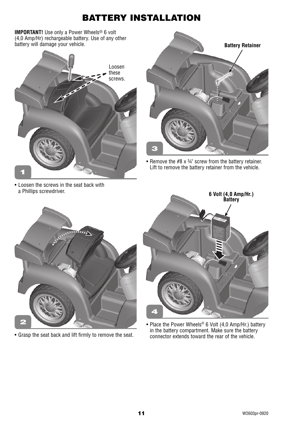 Battery installation | Fisher-Price Lil' Lightning McQueen W2603 User Manual | Page 11 / 20