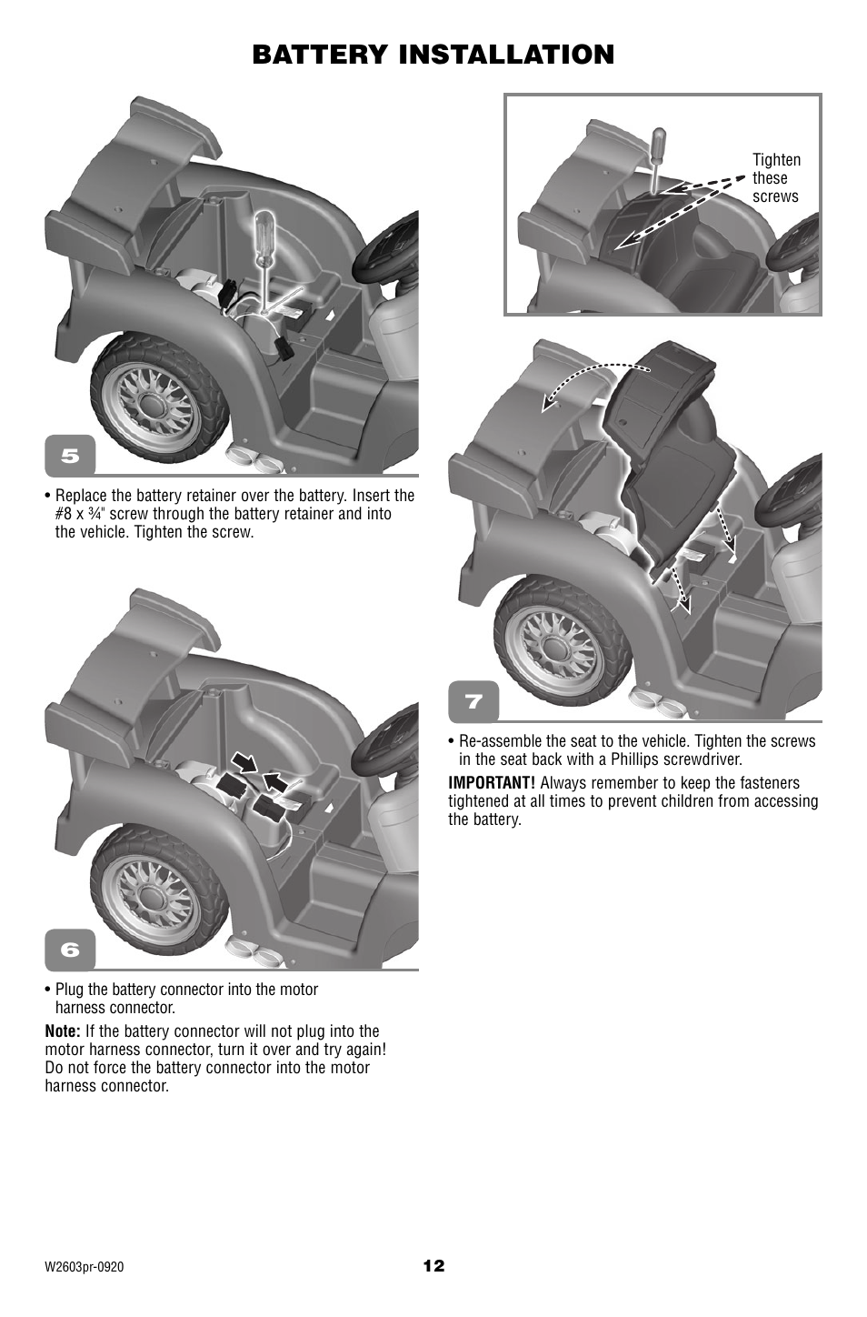 Battery installation | Fisher-Price Lil' Lightning McQueen W2603 User Manual | Page 12 / 20