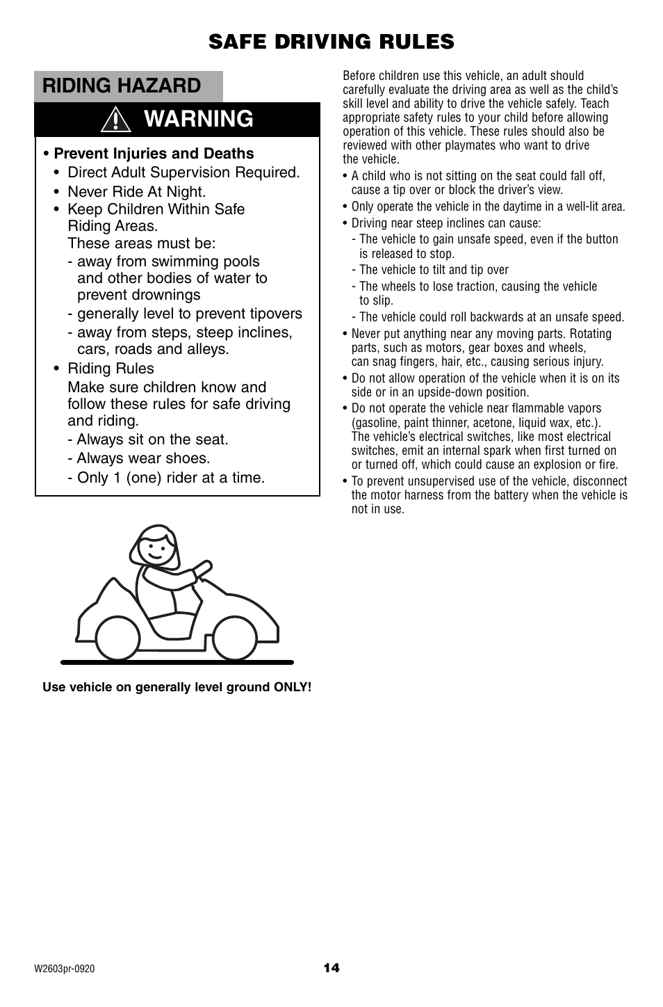 Warning, Riding hazard, Safe driving rules | Fisher-Price Lil' Lightning McQueen W2603 User Manual | Page 14 / 20