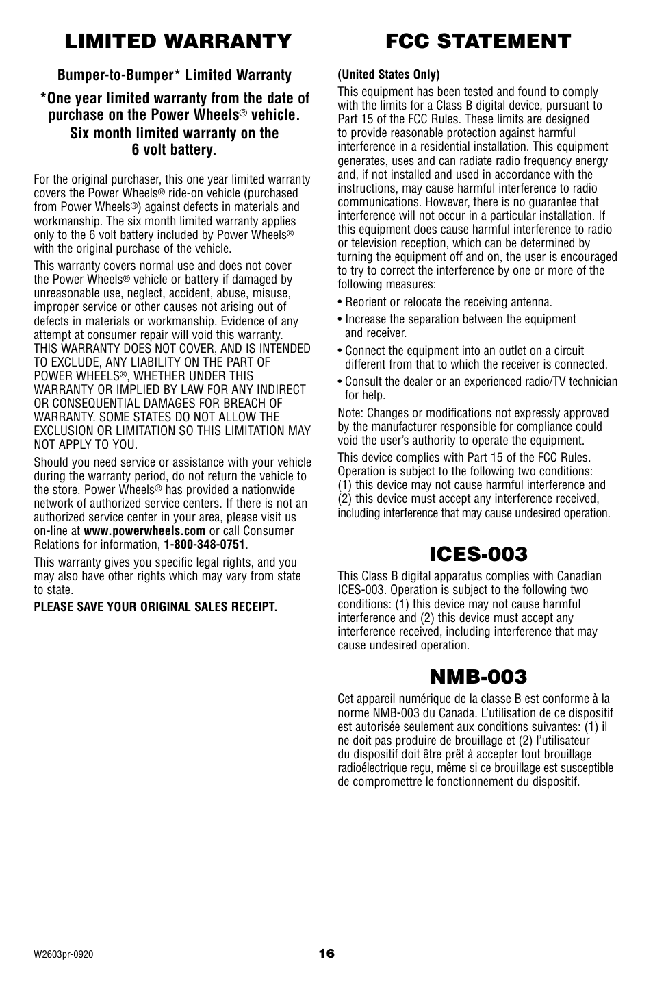 Ices-003, Nmb-003, Limited warranty fcc statement | Fisher-Price Lil' Lightning McQueen W2603 User Manual | Page 16 / 20