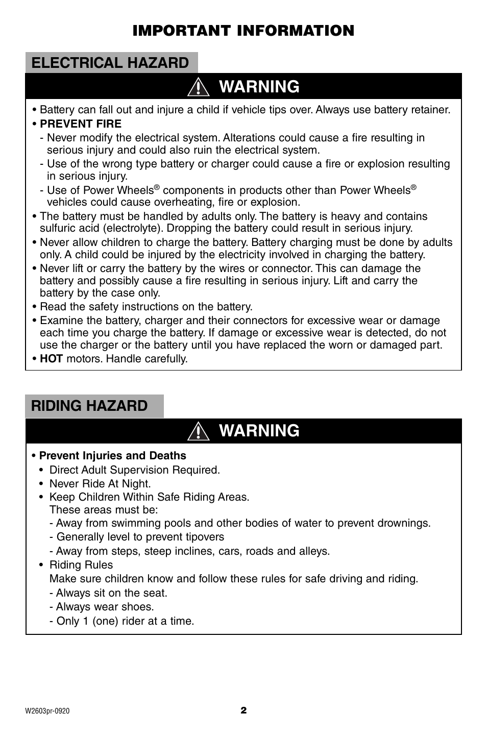 Warning, Riding hazard electrical hazard, Important information | Fisher-Price Lil' Lightning McQueen W2603 User Manual | Page 2 / 20