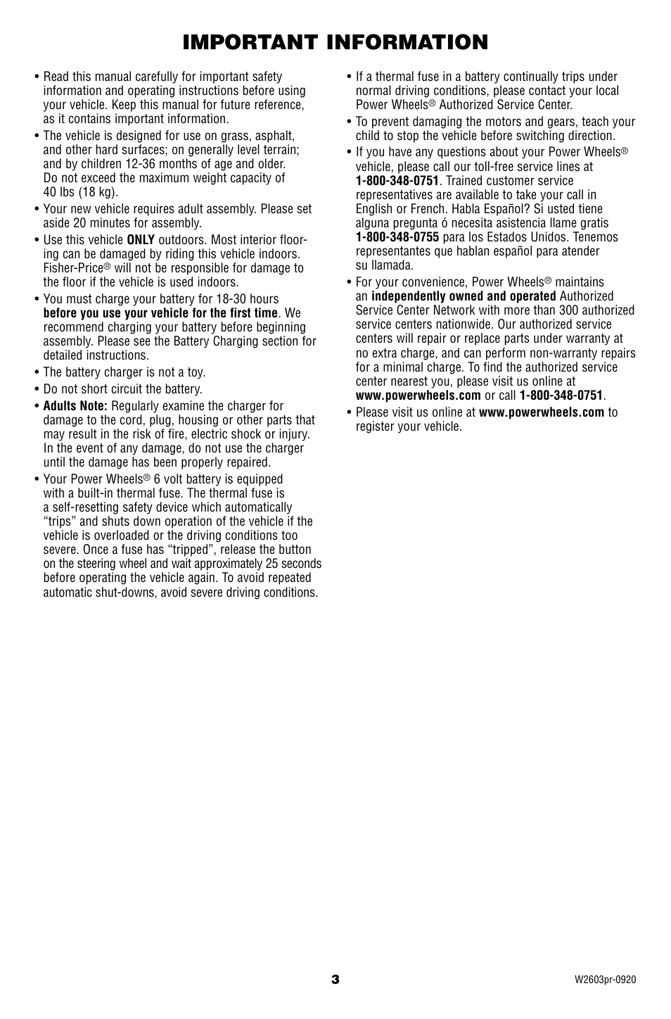 Important information | Fisher-Price Lil' Lightning McQueen W2603 User Manual | Page 3 / 20
