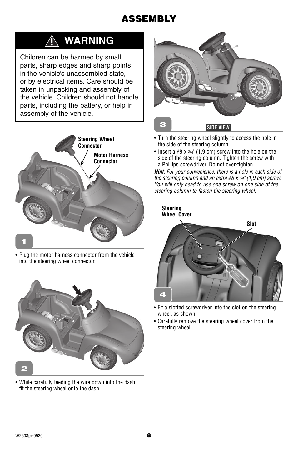 Warning, Assembly | Fisher-Price Lil' Lightning McQueen W2603 User Manual | Page 8 / 20
