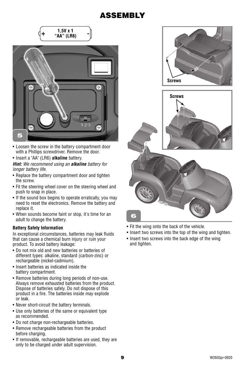 Assembly | Fisher-Price Lil' Lightning McQueen W2603 User Manual | Page 9 / 20