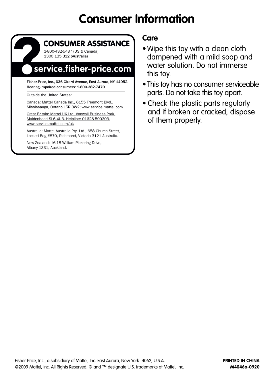 Consumer information, Consumer assistance | Fisher-Price M4046 User Manual | Page 4 / 6