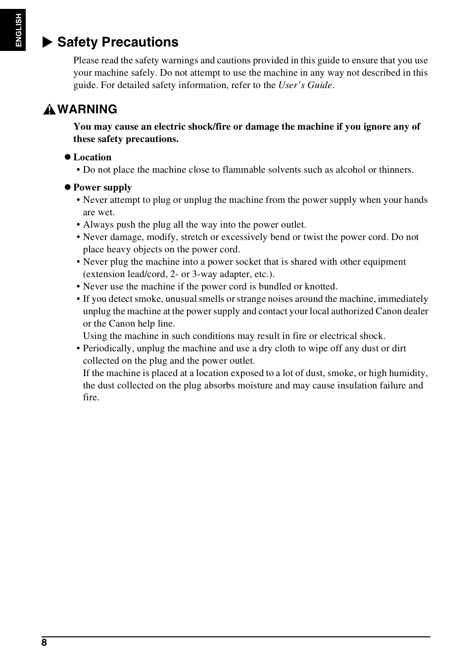 X safety precautions, Warning | Canon Pixma MP 190 User Manual | Page 10 / 396