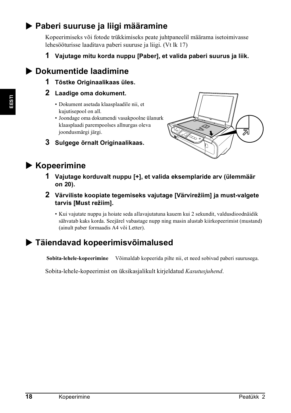 X paberi suuruse ja liigi määramine, X dokumentide laadimine, X kopeerimine | X täiendavad kopeerimisvõimalused | Canon Pixma MP 190 User Manual | Page 104 / 396