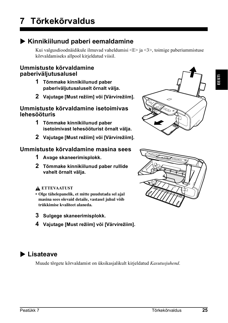 7 tõrkekõrvaldus, X kinnikiilunud paberi eemaldamine, X lisateave | Canon Pixma MP 190 User Manual | Page 111 / 396