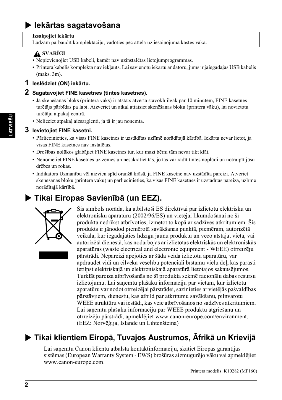 X iekārtas sagatavošana, X tikai eiropas savienībā (un eez) | Canon Pixma MP 190 User Manual | Page 116 / 396