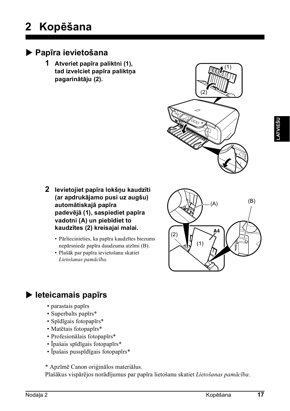 2 kopēšana, X papīra ievietošana, X ieteicamais papīrs | Canon Pixma MP 190 User Manual | Page 131 / 396