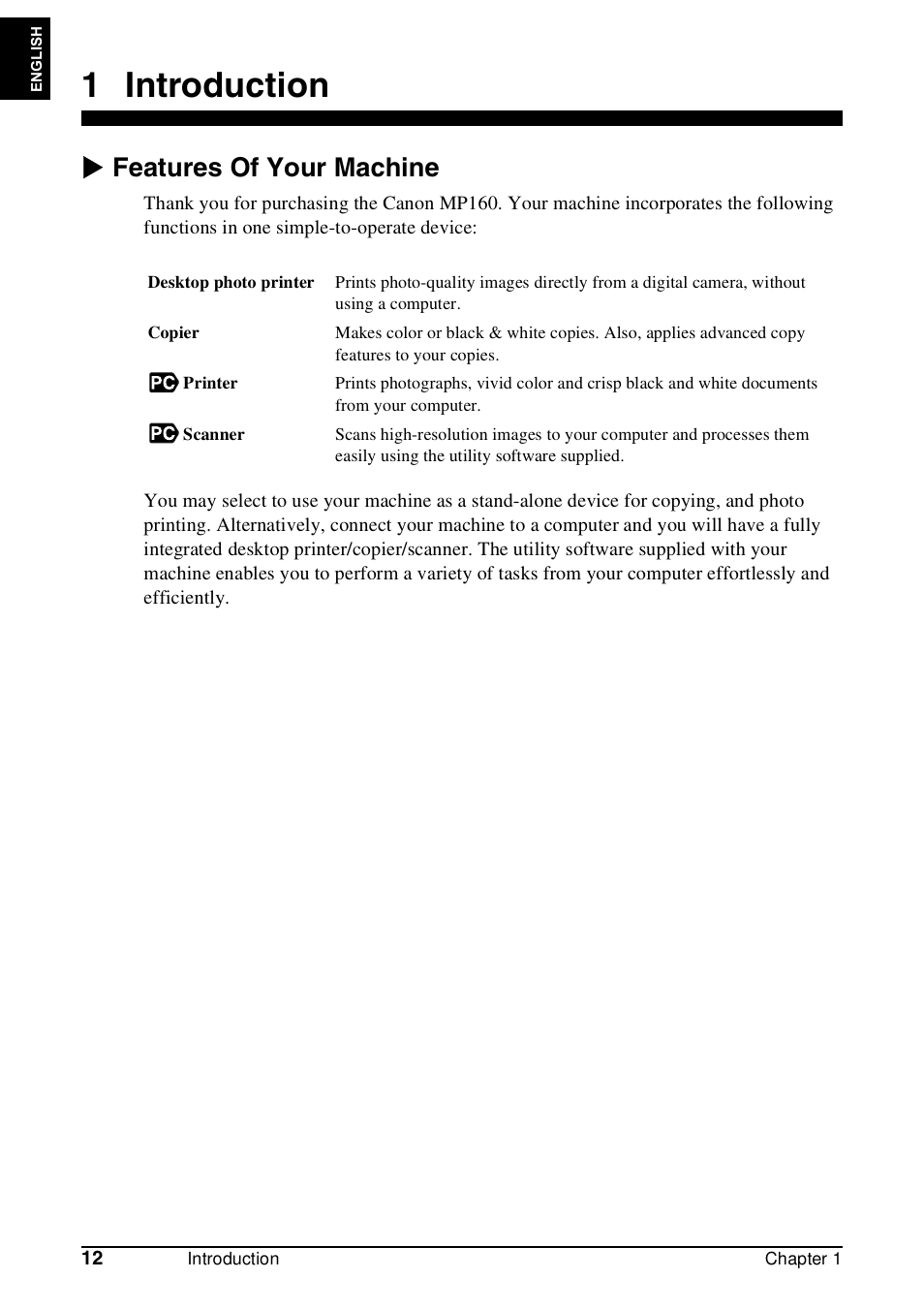 1 introduction, X features of your machine | Canon Pixma MP 190 User Manual | Page 14 / 396