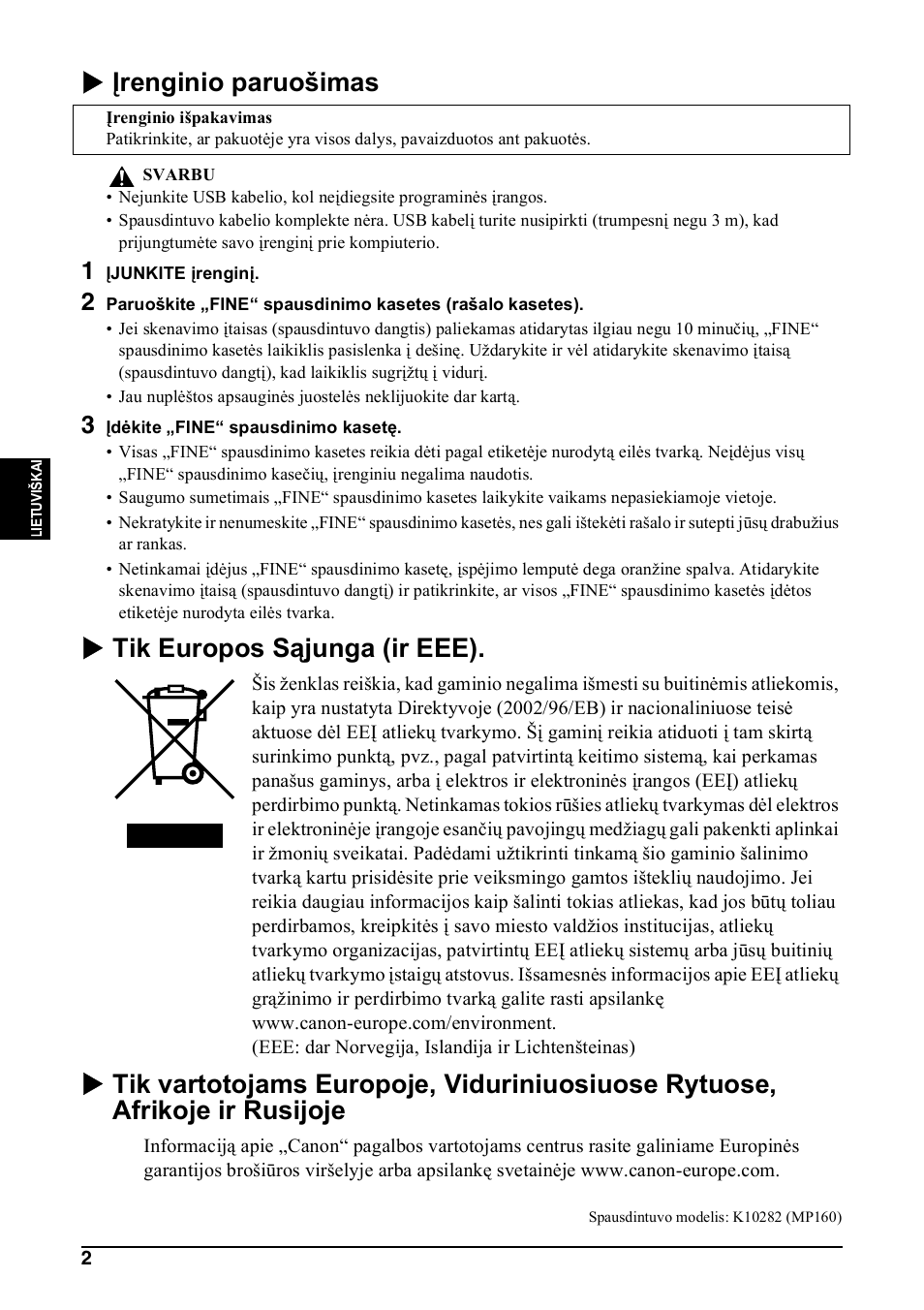 X įrenginio paruošimas, X tik europos sąjunga (ir eee) | Canon Pixma MP 190 User Manual | Page 144 / 396