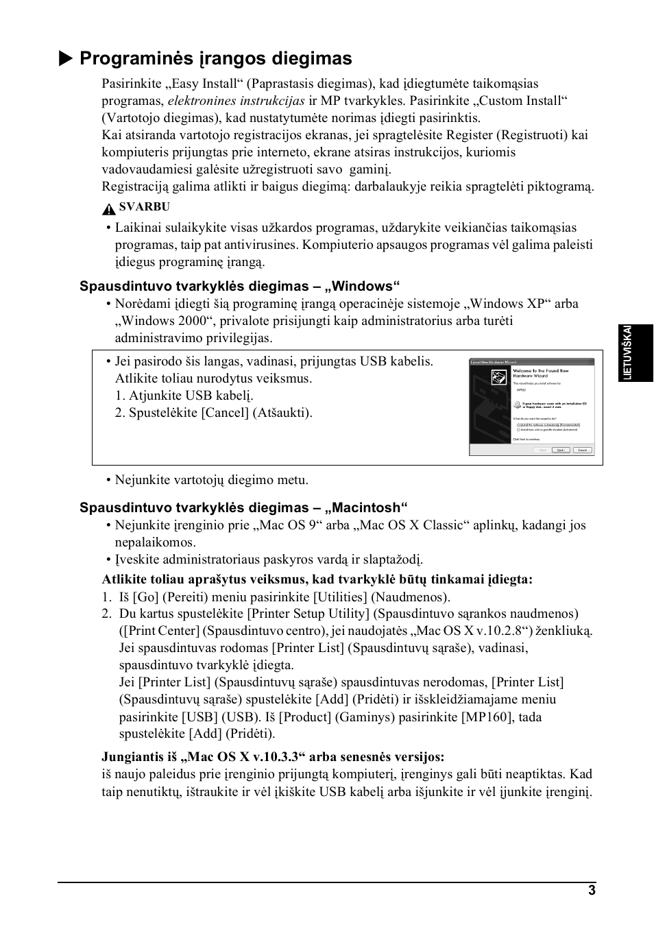 X programinės įrangos diegimas | Canon Pixma MP 190 User Manual | Page 145 / 396