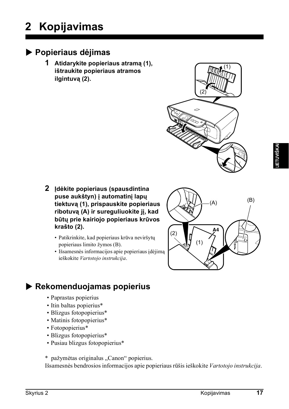 2 kopijavimas, X popieriaus dėjimas, X rekomenduojamas popierius | Canon Pixma MP 190 User Manual | Page 159 / 396