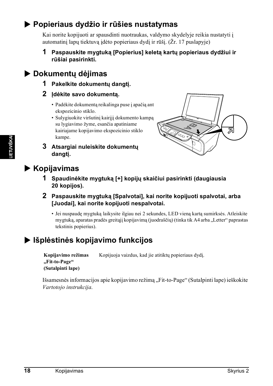 X popieriaus dydžio ir rūšies nustatymas, X dokumentų dėjimas, X kopijavimas | X išplėstinės kopijavimo funkcijos | Canon Pixma MP 190 User Manual | Page 160 / 396