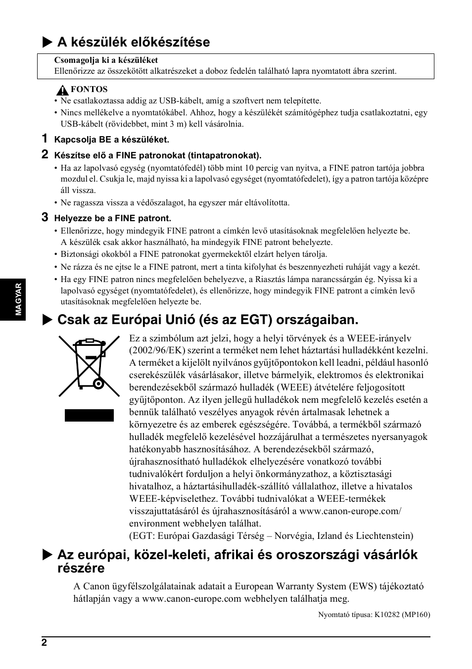 X a készülék előkészítése, X csak az európai unió (és az egt) országaiban | Canon Pixma MP 190 User Manual | Page 172 / 396