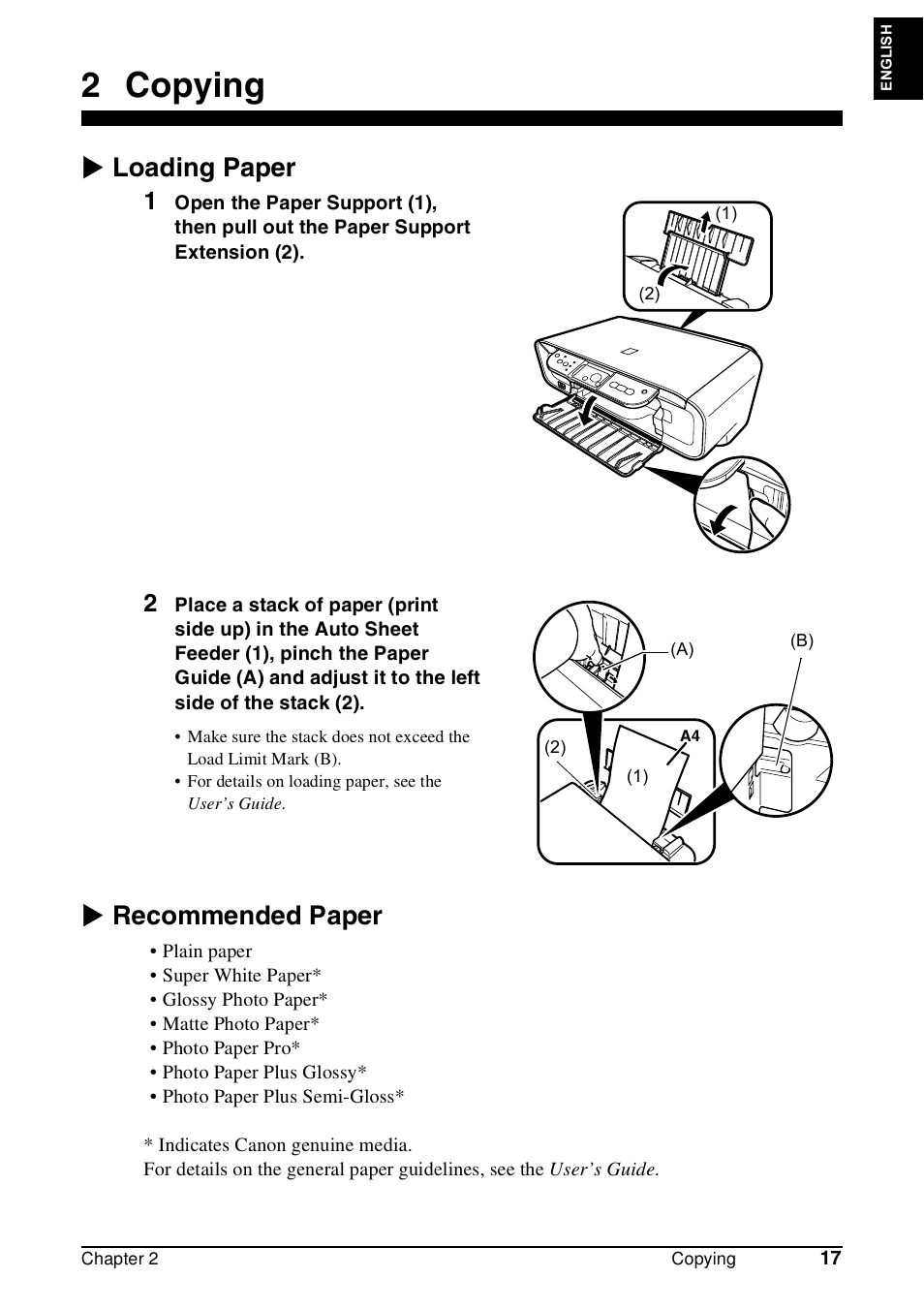 2 copying, X loading paper, X recommended paper | Canon Pixma MP 190 User Manual | Page 19 / 396