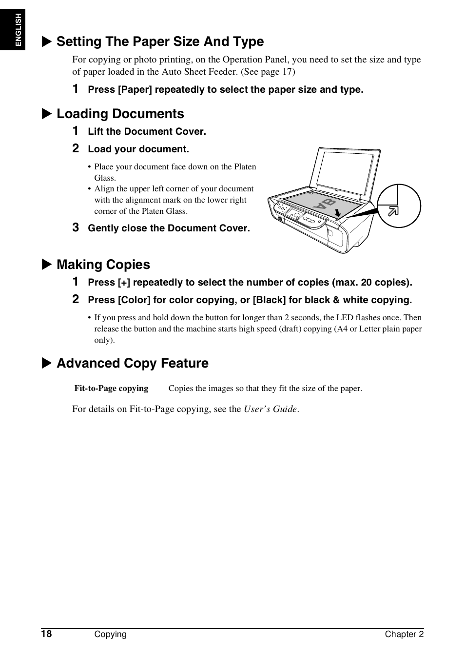 X setting the paper size and type, X loading documents, X making copies | X advanced copy feature | Canon Pixma MP 190 User Manual | Page 20 / 396