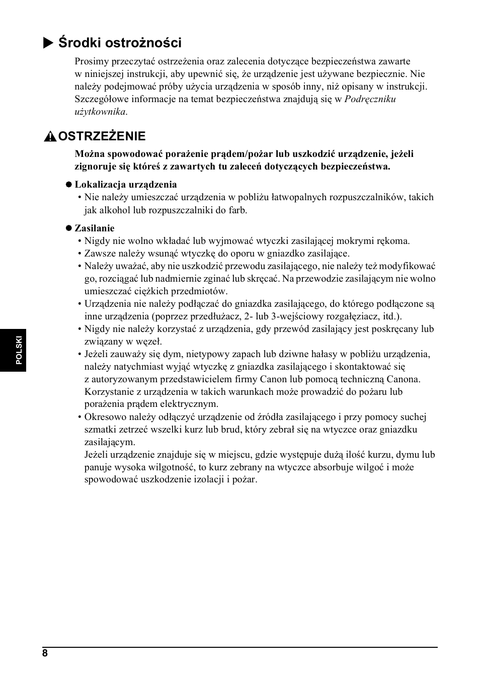 X środki ostrożności, Ostrzeżenie | Canon Pixma MP 190 User Manual | Page 206 / 396