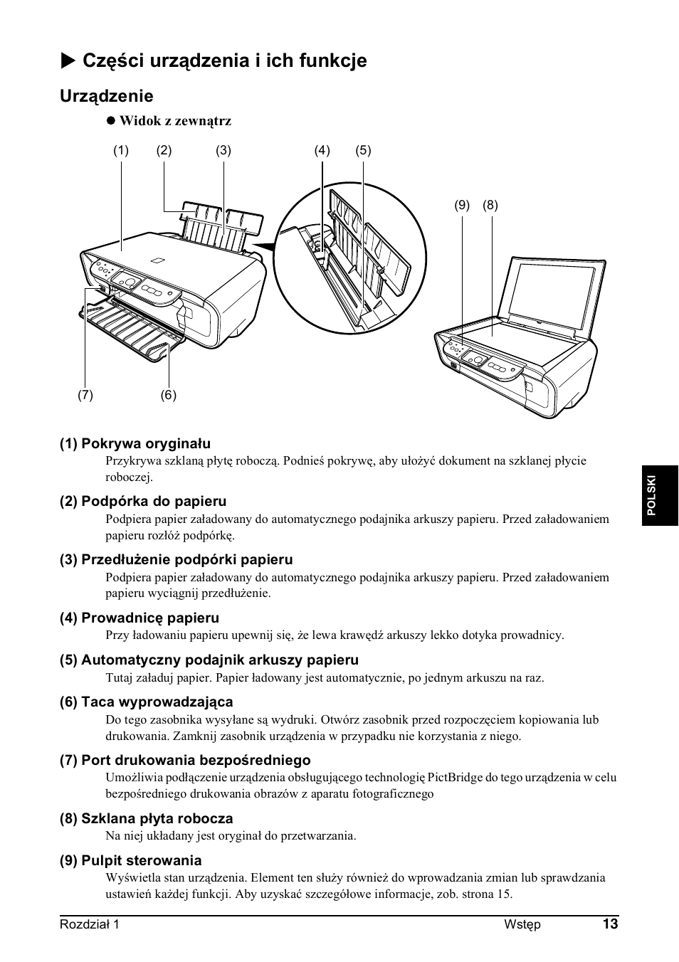 X części urządzenia i ich funkcje, Urządzenie | Canon Pixma MP 190 User Manual | Page 211 / 396