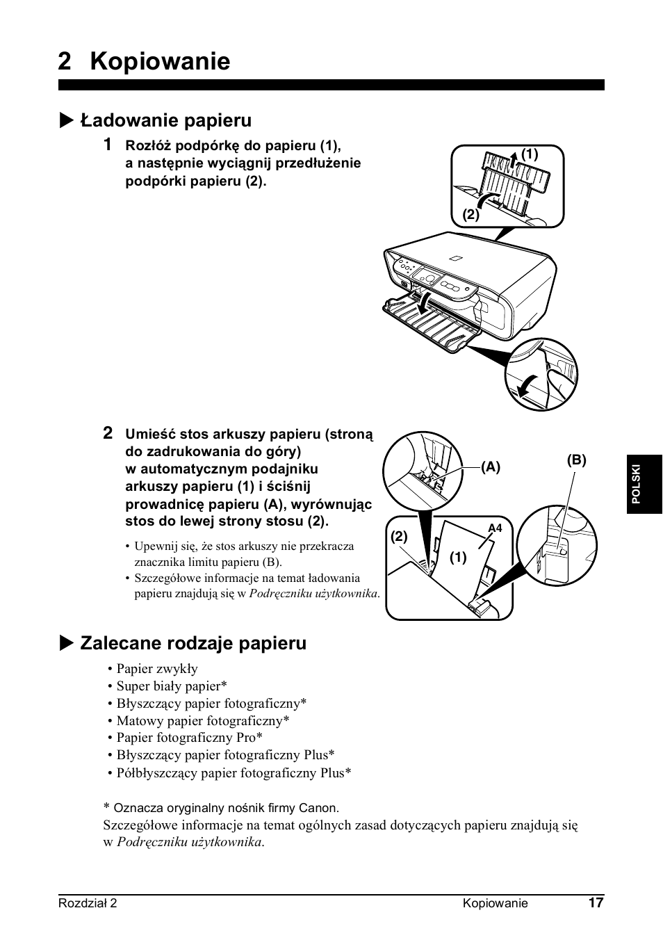 2 kopiowanie, X ładowanie papieru, X zalecane rodzaje papieru | Canon Pixma MP 190 User Manual | Page 215 / 396