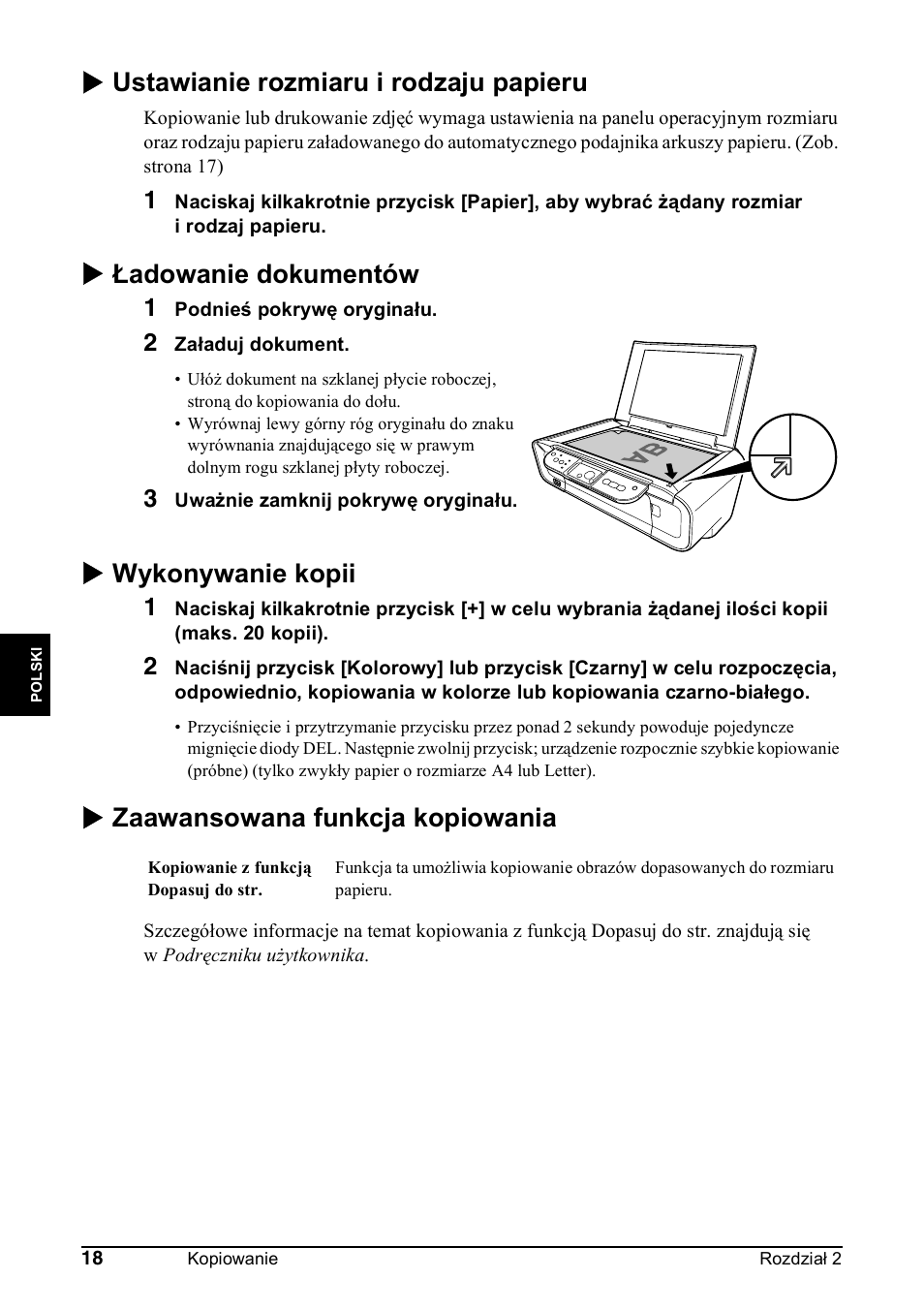 X ustawianie rozmiaru i rodzaju papieru, X ładowanie dokumentów, X wykonywanie kopii | X zaawansowana funkcja kopiowania | Canon Pixma MP 190 User Manual | Page 216 / 396