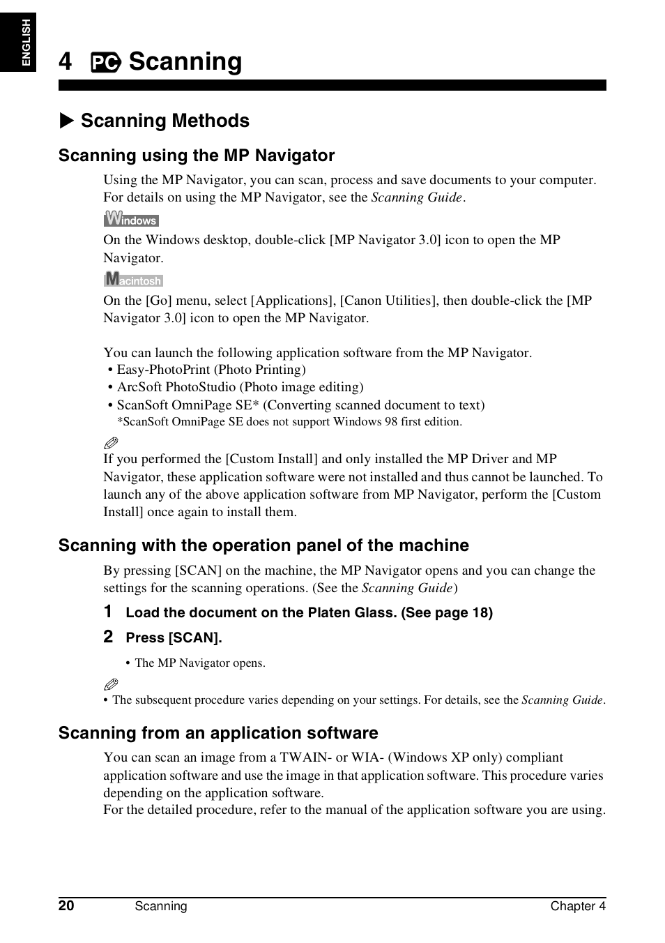 4scanning, X scanning methods | Canon Pixma MP 190 User Manual | Page 22 / 396