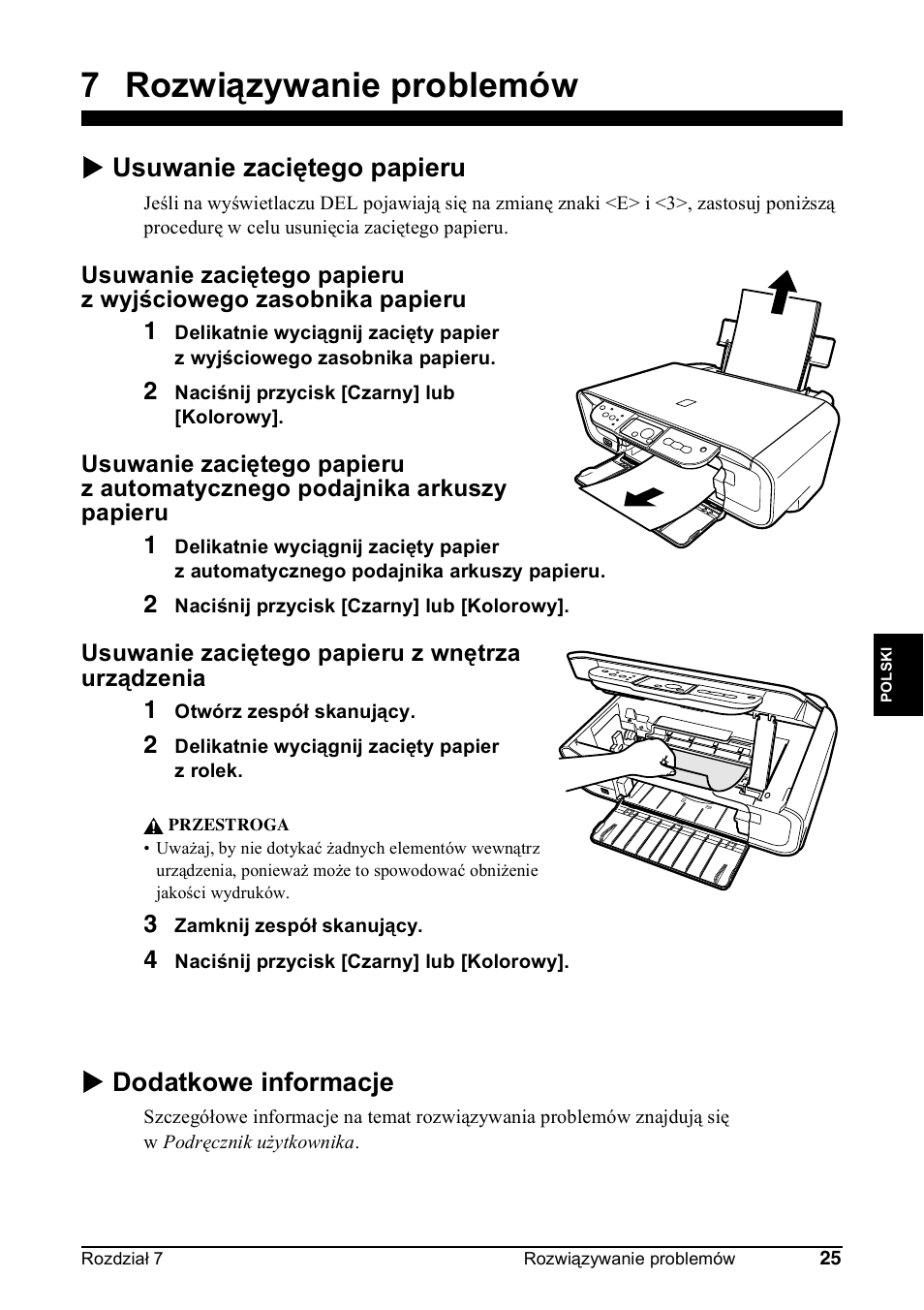 7 rozwiązywanie problemów, X usuwanie zaciętego papieru, X dodatkowe informacje | Canon Pixma MP 190 User Manual | Page 223 / 396