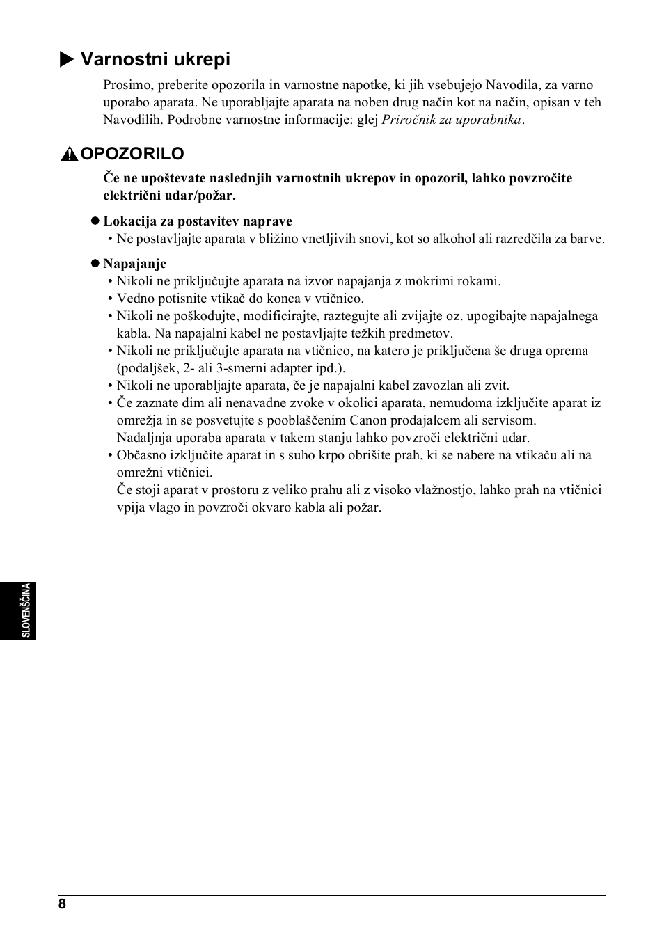 X varnostni ukrepi, Opozorilo | Canon Pixma MP 190 User Manual | Page 262 / 396