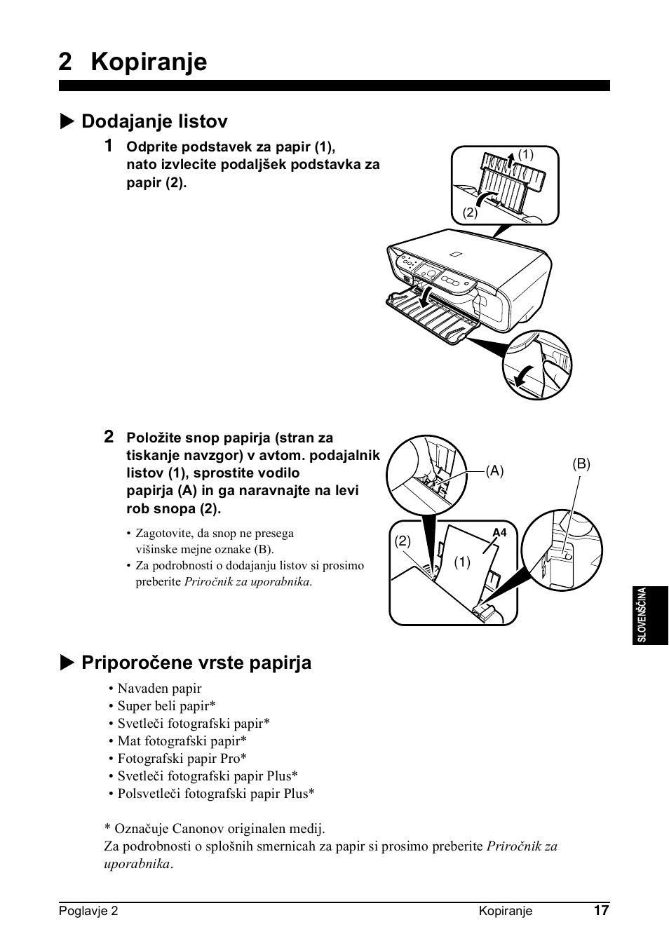 2 kopiranje, X dodajanje listov, X priporočene vrste papirja | Canon Pixma MP 190 User Manual | Page 271 / 396