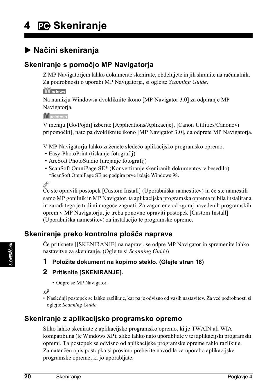 4skeniranje, X načini skeniranja, Skeniranje s pomočjo mp navigatorja | Skeniranje preko kontrolna plošča naprave, Skeniranje z aplikacijsko programsko opremo | Canon Pixma MP 190 User Manual | Page 274 / 396