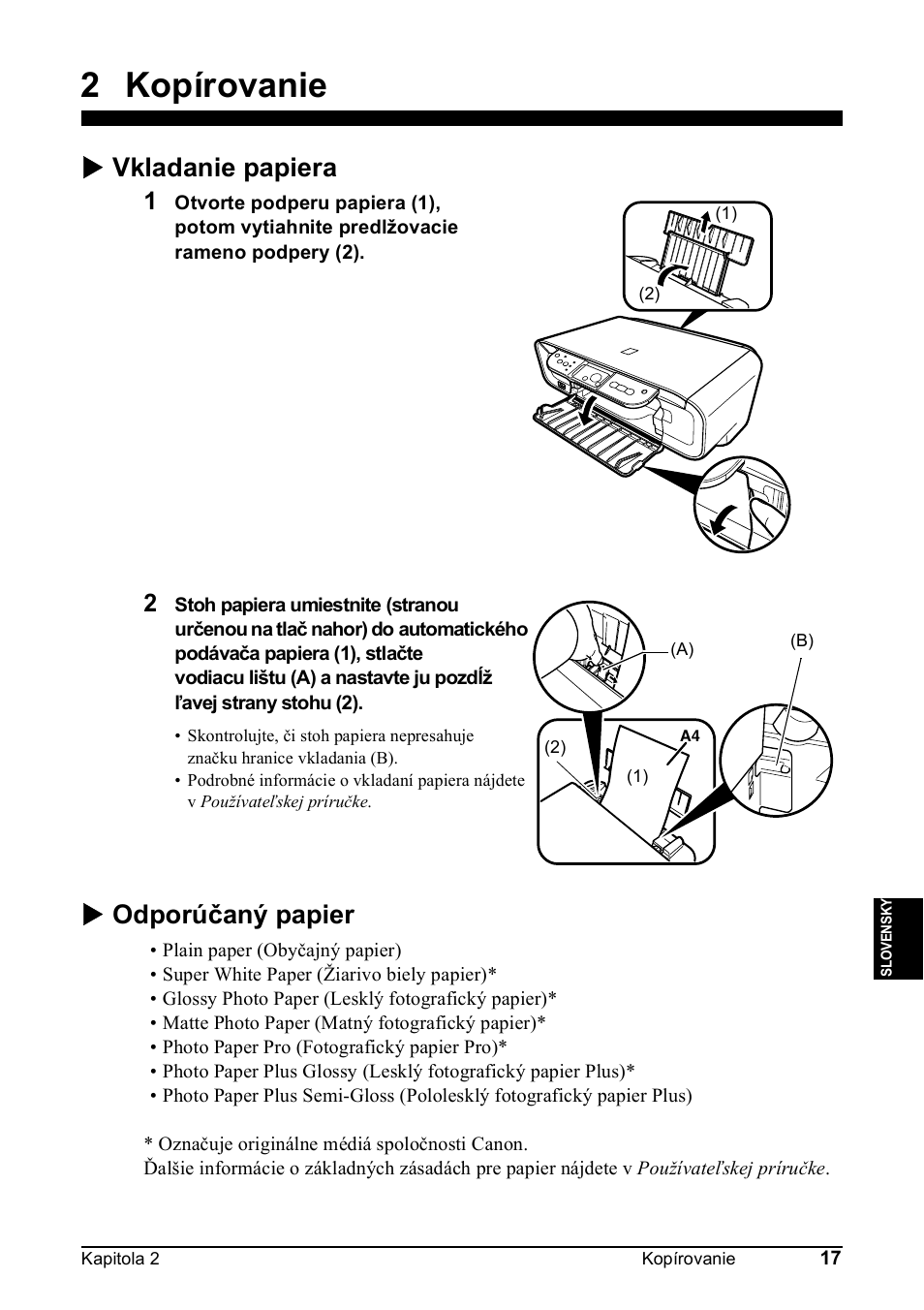 2 kopírovanie, X vkladanie papiera, X odporúčaný papier | Canon Pixma MP 190 User Manual | Page 299 / 396