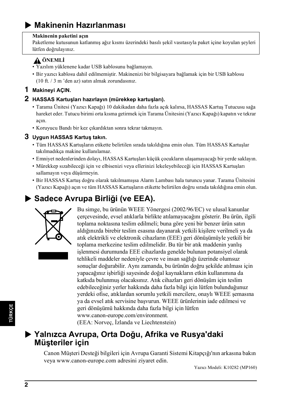 X makinenin hazırlanması, X sadece avrupa birliği (ve eea) | Canon Pixma MP 190 User Manual | Page 312 / 396