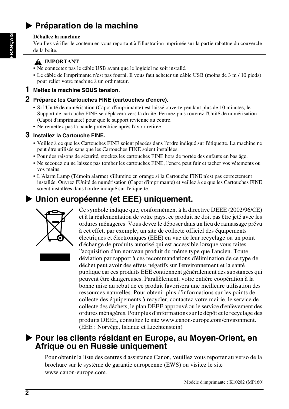 X préparation de la machine, X union européenne (et eee) uniquement | Canon Pixma MP 190 User Manual | Page 32 / 396