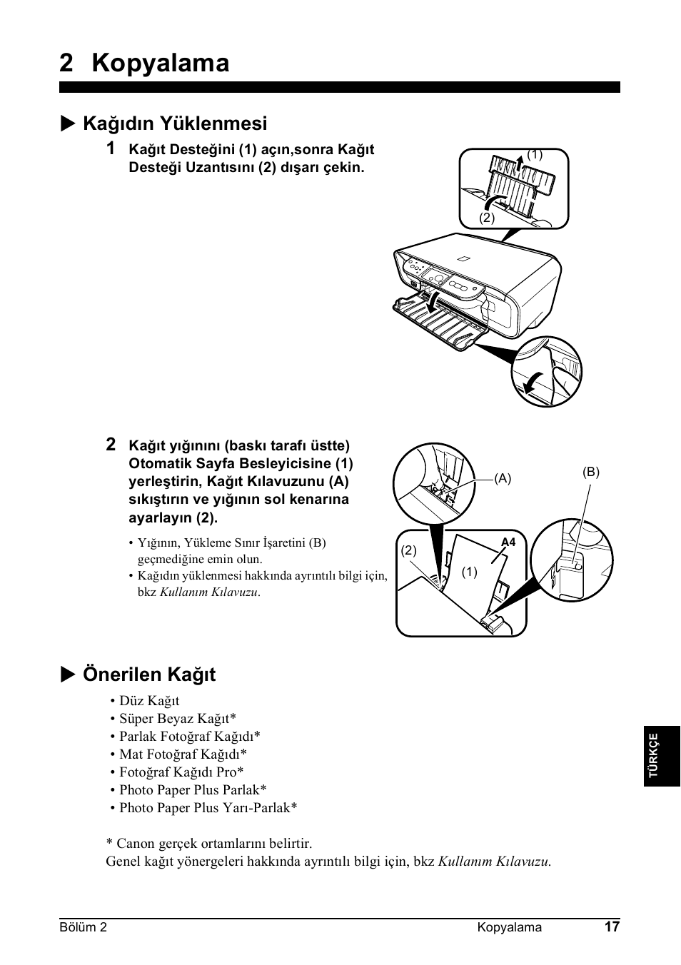 2 kopyalama, X kağıdın yüklenmesi, X önerilen kağıt | Canon Pixma MP 190 User Manual | Page 327 / 396