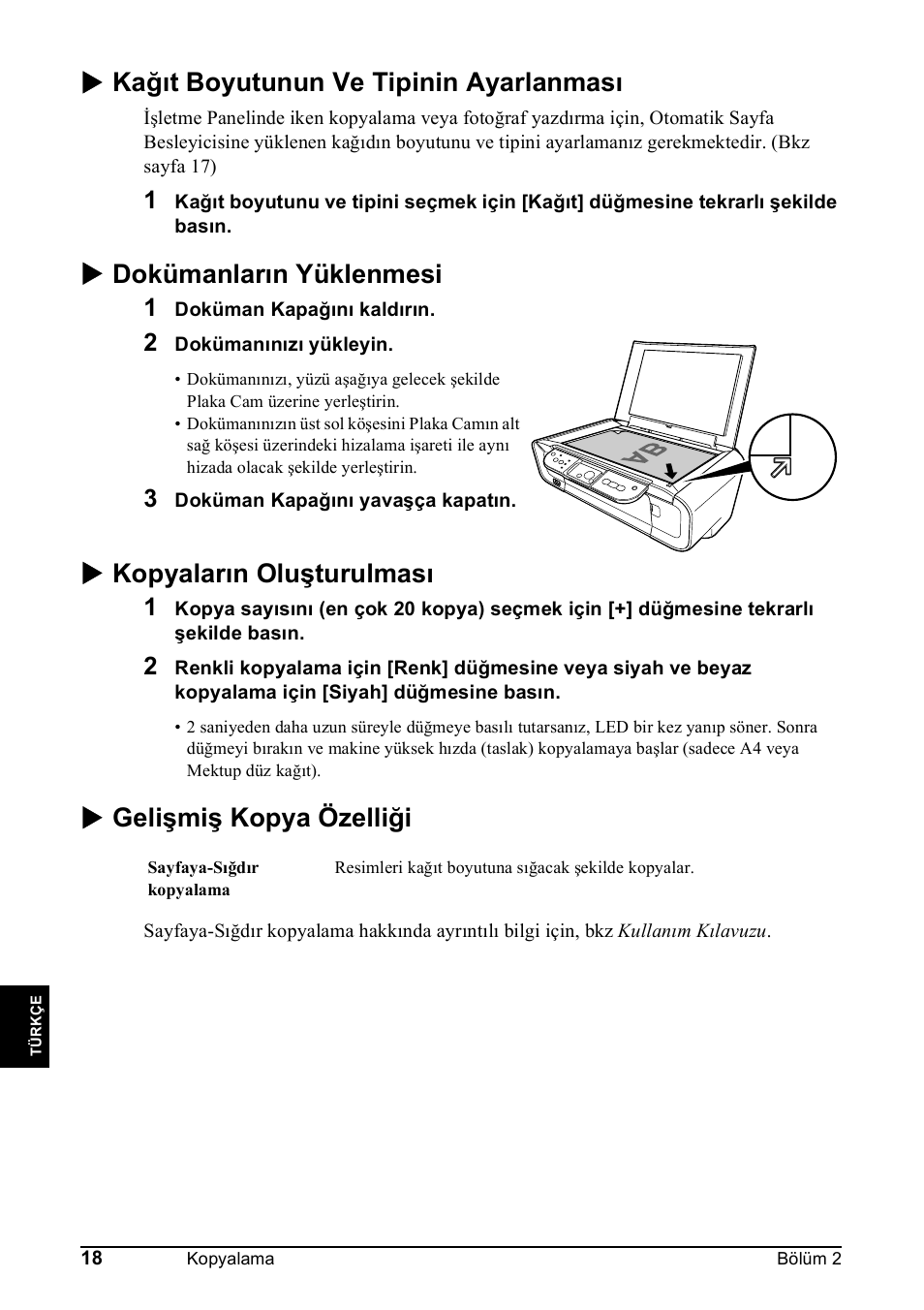 X kağıt boyutunun ve tipinin ayarlanması, X dokümanların yüklenmesi, X kopyaların oluşturulması | X gelişmiş kopya özelliği | Canon Pixma MP 190 User Manual | Page 328 / 396