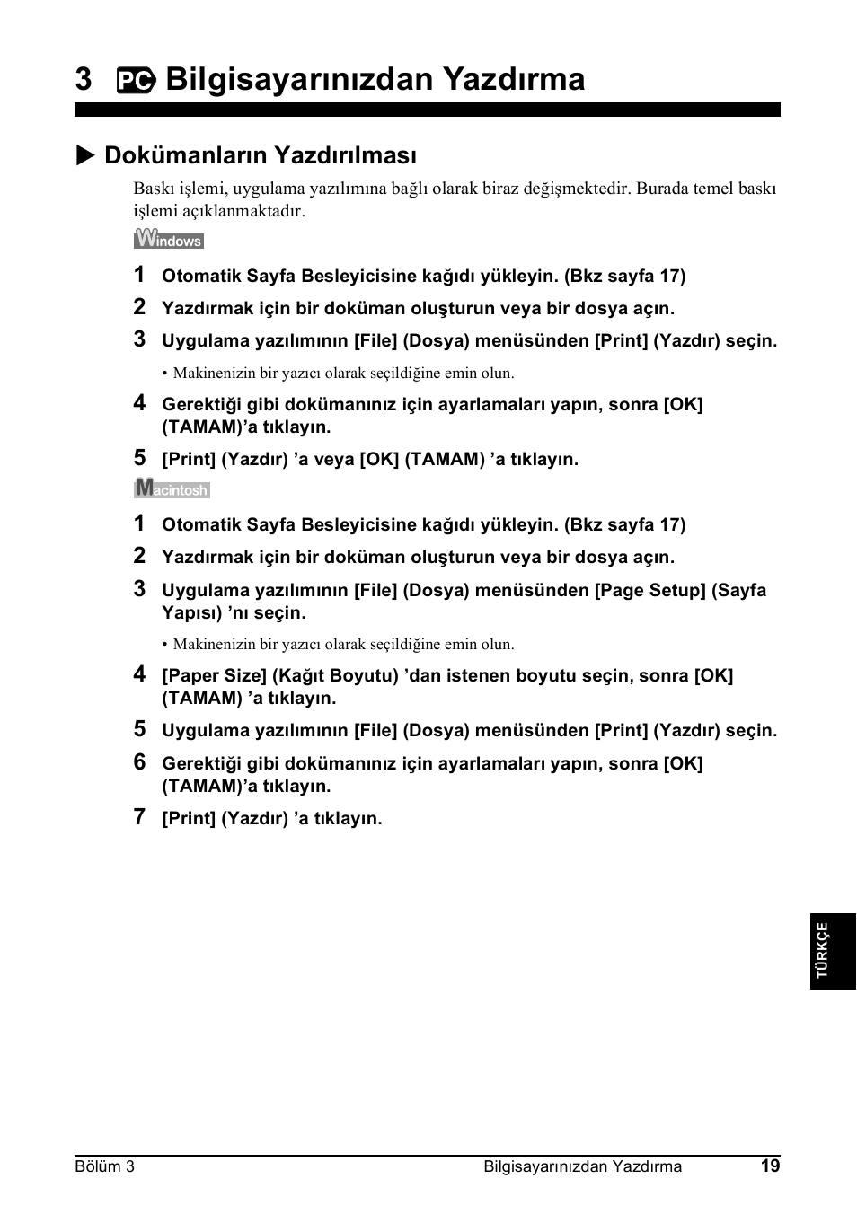 3bilgisayarınızdan yazdırma, X dokümanların yazdırılması | Canon Pixma MP 190 User Manual | Page 329 / 396