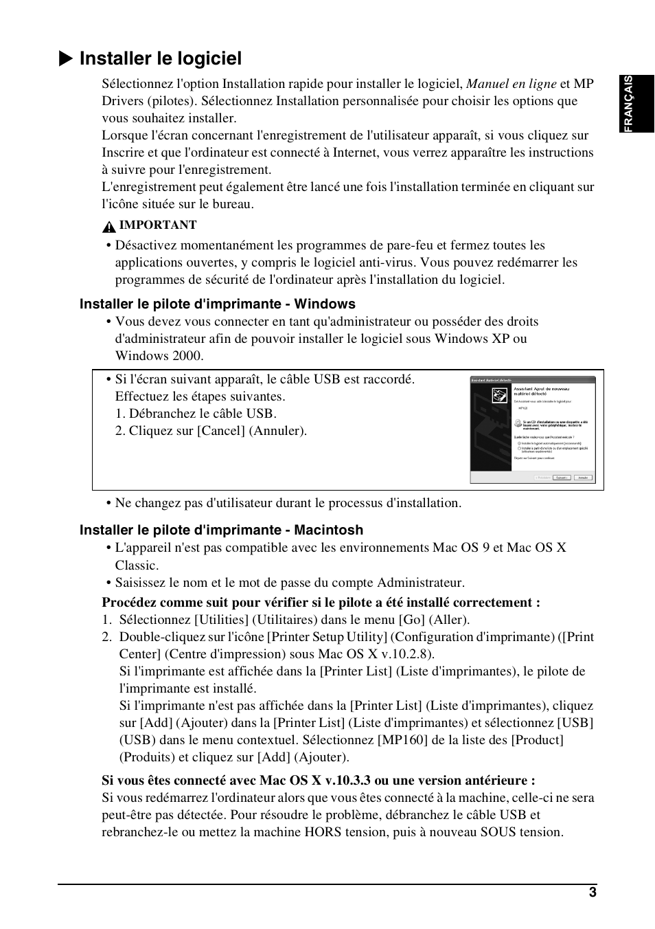 X installer le logiciel | Canon Pixma MP 190 User Manual | Page 33 / 396