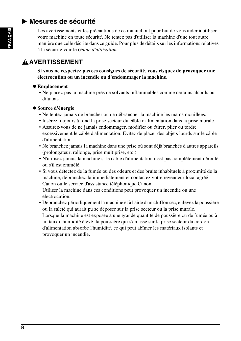 X mesures de sécurité, Avertissement | Canon Pixma MP 190 User Manual | Page 38 / 396