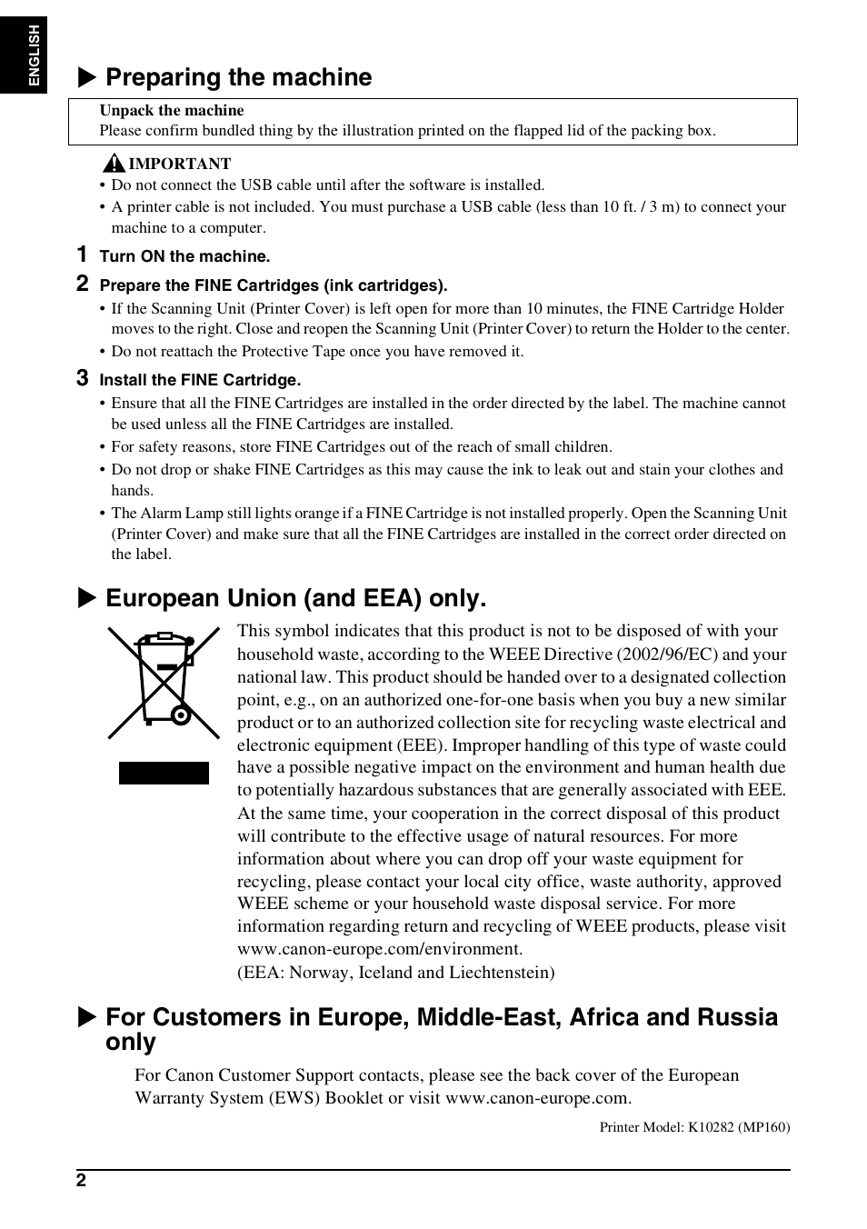 X preparing the machine, X european union (and eea) only | Canon Pixma MP 190 User Manual | Page 4 / 396