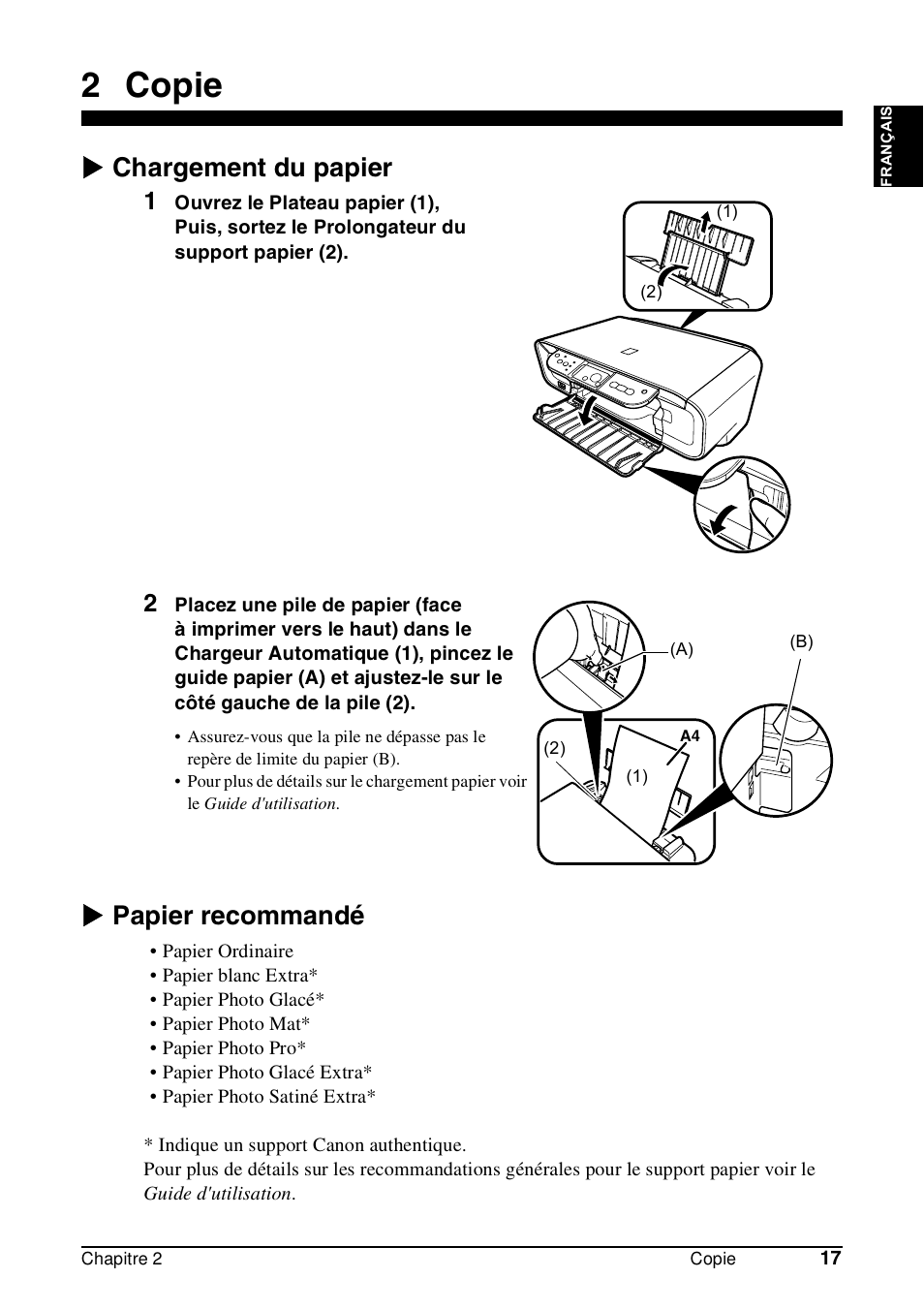 2 copie, X chargement du papier, X papier recommandé | Canon Pixma MP 190 User Manual | Page 47 / 396