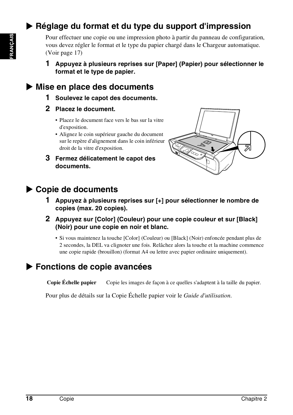 X mise en place des documents, X copie de documents, X fonctions de copie avancées | Canon Pixma MP 190 User Manual | Page 48 / 396