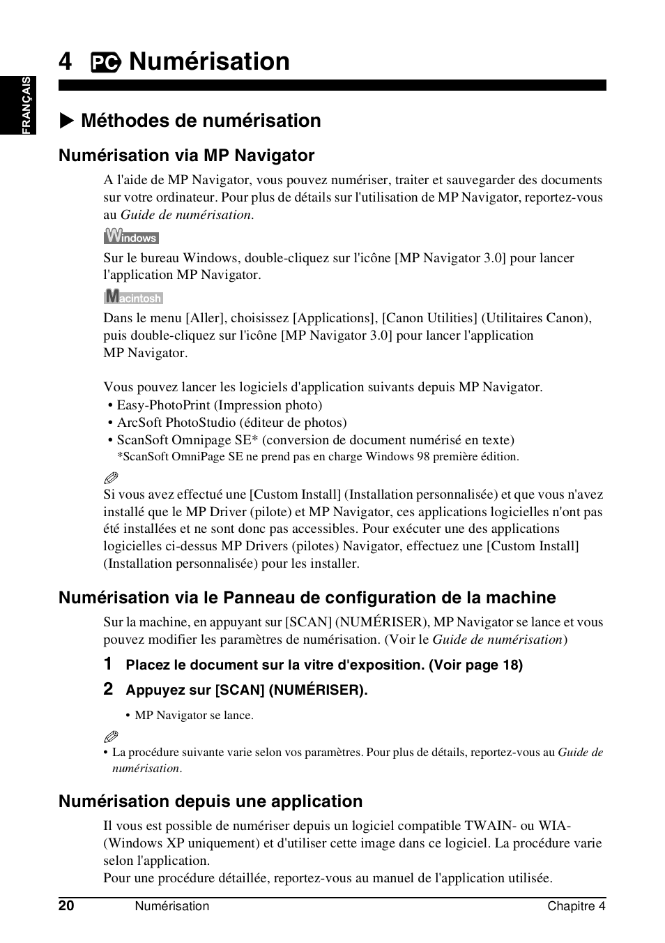 4numérisation, X méthodes de numérisation, Numérisation via mp navigator | Numérisation depuis une application | Canon Pixma MP 190 User Manual | Page 50 / 396