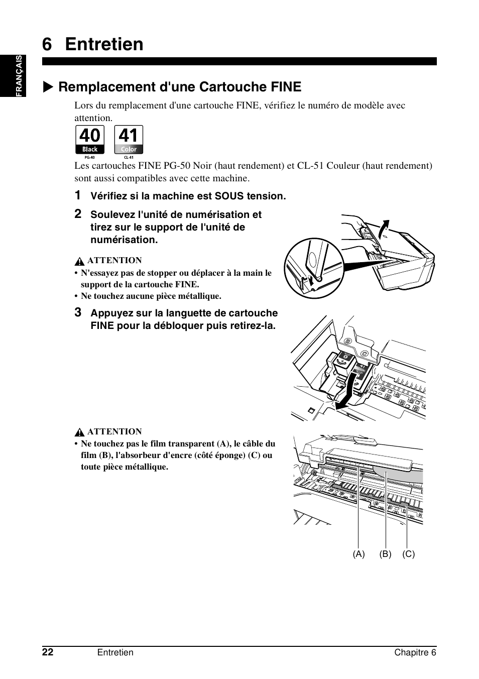 6 entretien, X remplacement d'une cartouche fine | Canon Pixma MP 190 User Manual | Page 52 / 396