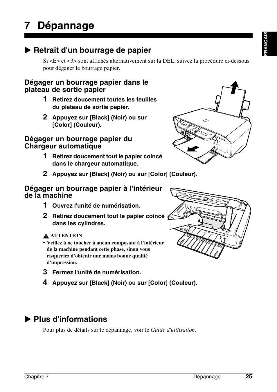 7 dépannage, X retrait d'un bourrage de papier, X plus d'informations | Canon Pixma MP 190 User Manual | Page 55 / 396