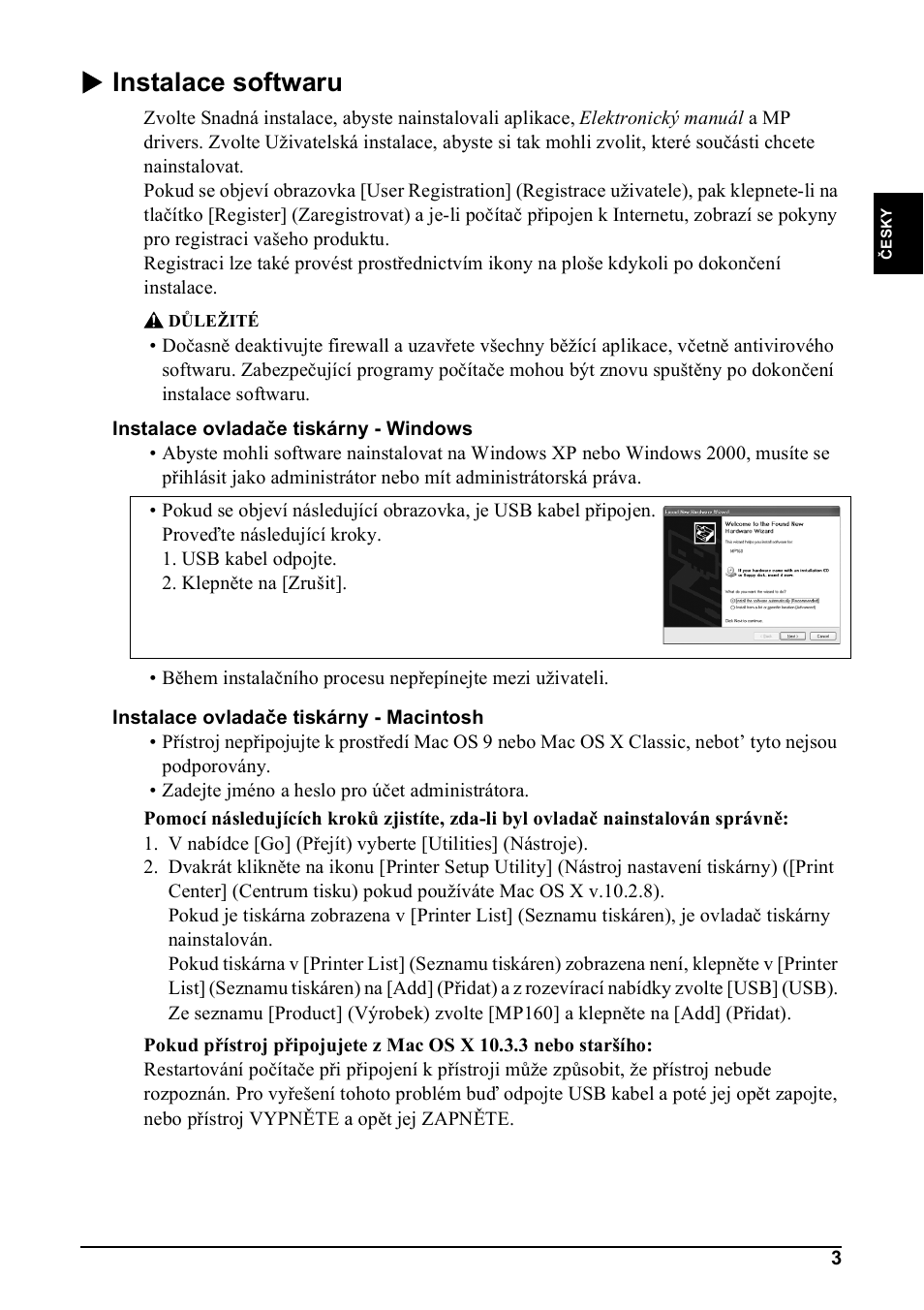 X instalace softwaru | Canon Pixma MP 190 User Manual | Page 61 / 396