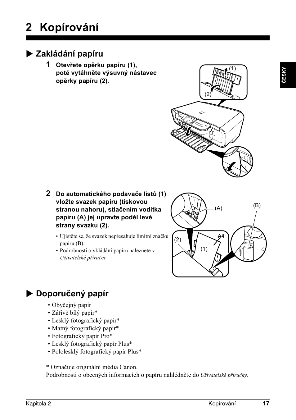 2 kopírování, X zakládání papíru, X doporučený papír | Canon Pixma MP 190 User Manual | Page 75 / 396