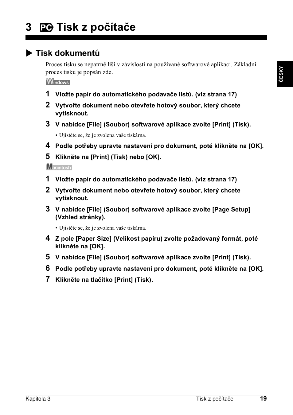 3tisk z počítače, X tisk dokumentů | Canon Pixma MP 190 User Manual | Page 77 / 396