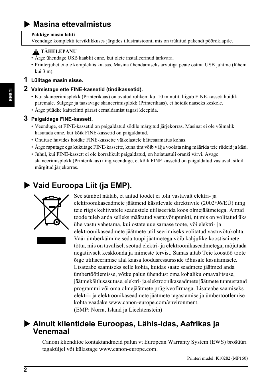 X masina ettevalmistus, X vaid euroopa liit (ja emp) | Canon Pixma MP 190 User Manual | Page 88 / 396