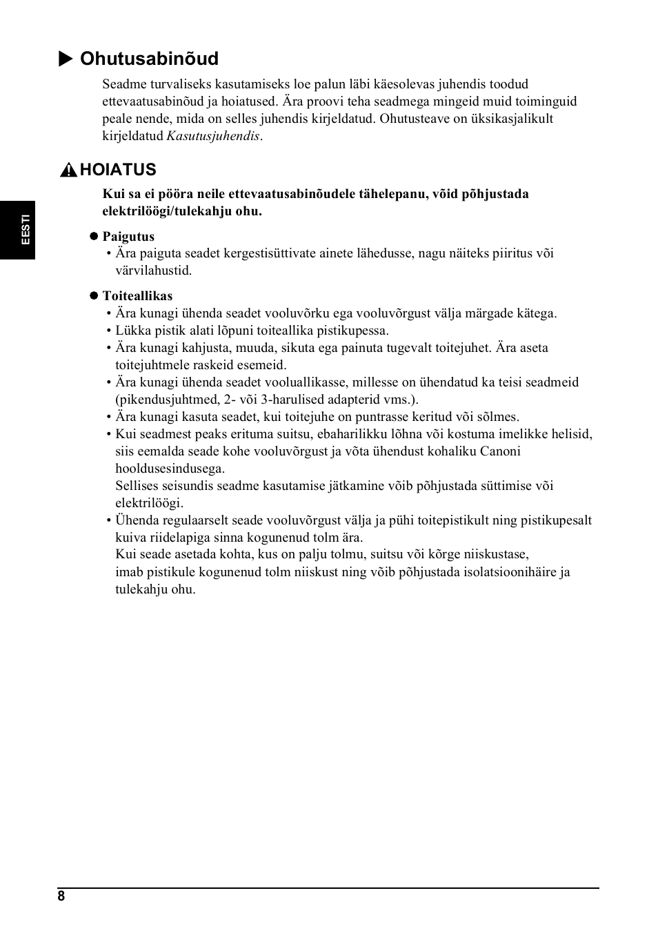 X ohutusabinõud, Hoiatus | Canon Pixma MP 190 User Manual | Page 94 / 396